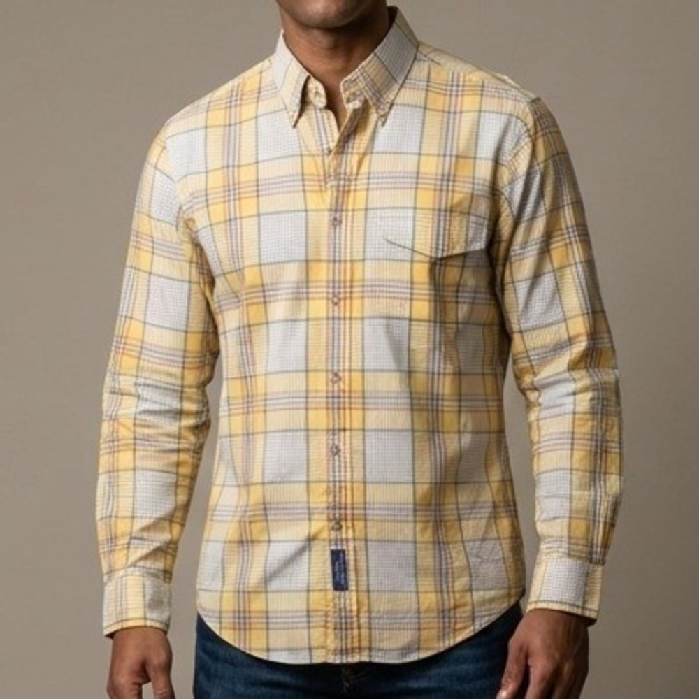 GANT Mens Button Down Shirt M Yellow Cotton Blend Foxhunt Plaid Preppy